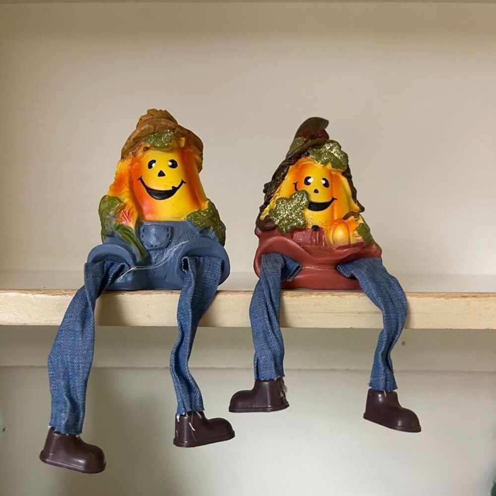 Lot of 2 Halloween Pumpkins in Jeans Figurine Shelf Sitter 3.5" Thanksgiving Dec